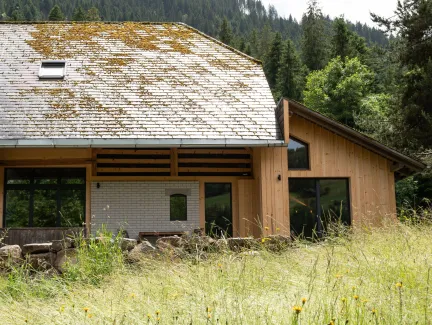 Aussenansicht eines umgebauten Bauernhauses in Holzbauweise mit traditionellem Satteldach, teilweise mit Moos bewachsen. Der Anbau aus hellem Holz fügt sich an den bestehenden Bau an. Im Vordergrund eine Wiese mit hohem Gras, im Hintergrund ein bewaldeter Hang.