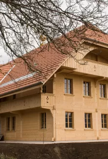 Ein neu erbautes Holzhaus mit roten Ziegeldächern und traditioneller Architektur steht auf einem ländlichen Grundstück; im Vordergrund ist Erde, im Hintergrund sind Wiesen und Bäume zu sehen.